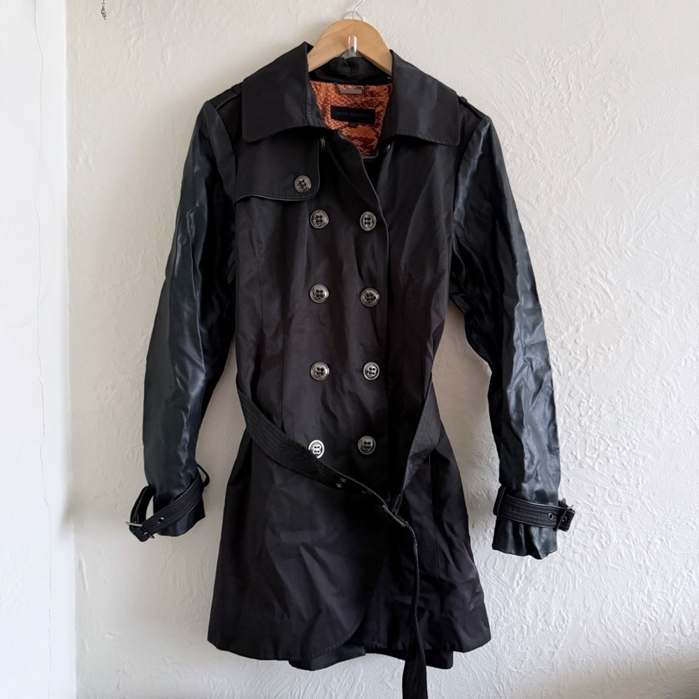 Steve Madden Black Faux Leather Sleeve Double Breasted Trench Coat Size L